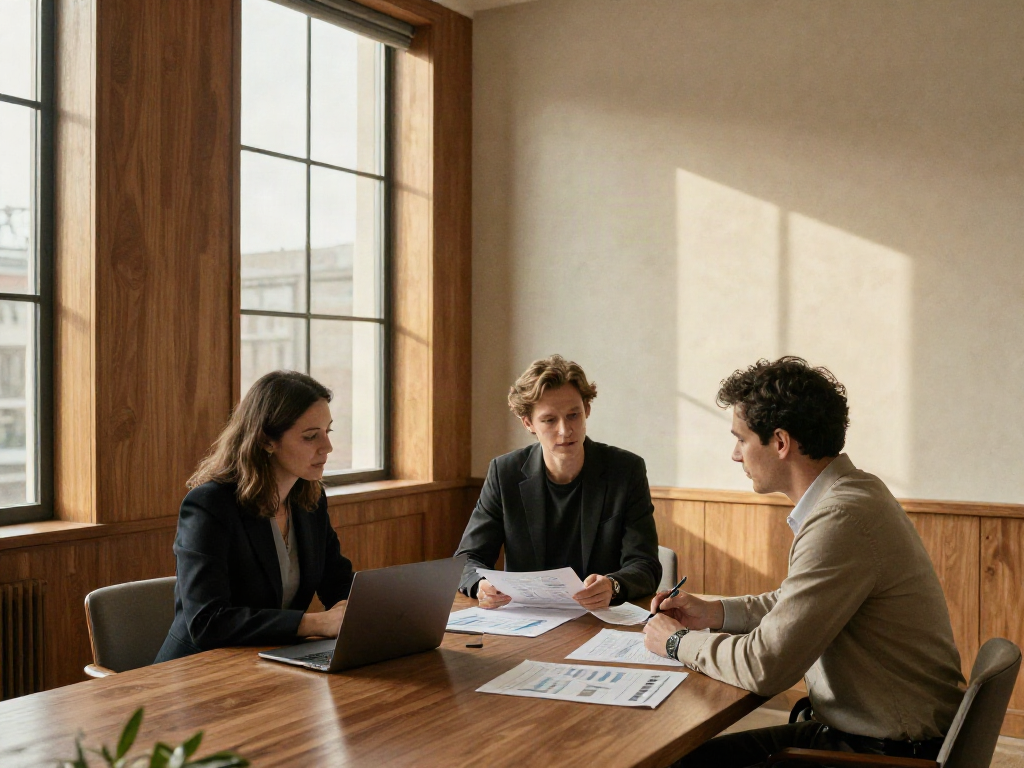 Three consultants working through business reports in a sunlit meeting room